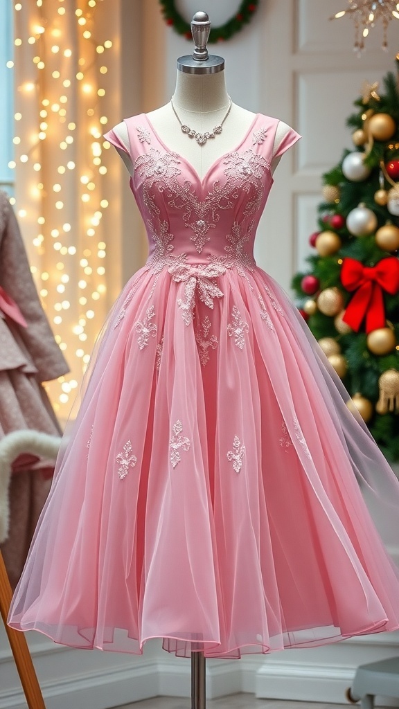 Elegant Pink Christmas Dress Recipe An elegant pink Christmas dress with lace and sequins on a mannequin, surrounded by holiday decorations.